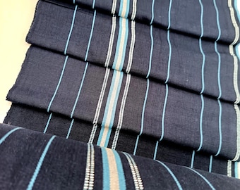 Guatemalan Handwoven Traditional Fabric - Blue and Silver Thread Striped Textile for Crafts & Home Decor