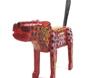 Hand-carved Guatemalan Red Jaguar Folk Art Figurine - Traditional Wooden Painted Sculpture