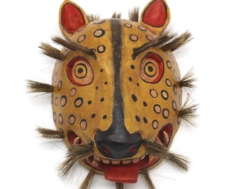 Hand-Painted Carved Wood Jaguar Mask | Guatemalan Folk Art Traditional Mayan Wall Decor