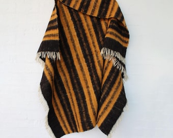 Guatemalan Wool Blanket - Ecru Ocher Black Stripe traditional bedding Throw