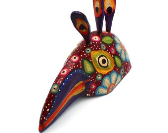 Handcrafted Guatemalan Peacock Mask - Colorful Wooden Wall Decor - Folk Art Bird Sculpture