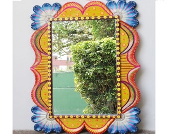 Hand-Painted Pinewood Mirror: Blue-Green Flowers, Bohemian Wall Decor, Guatemalan Folk Art