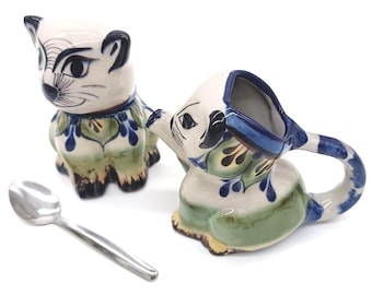 Hand-Painted Guatemalan Cat Creamer & Sugar Bowl Set | Artisan Stoneware Pottery Kitchen Gift