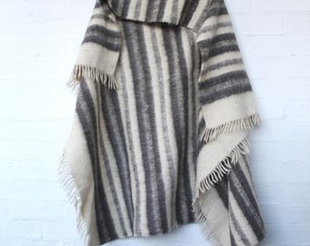 Guatemala Handwoven Wool Throw Natural Ecru Gray Stripes Traditional Ethnic Wall Decor
