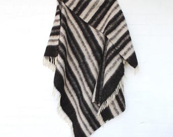 Guatemalan Wool Throw Tapestry - Traditional Bohemian Wall Art Decor  Ecru Gray Black Striped