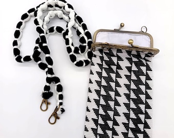 Handmade Guatemalan Beaded Phone Pouch Black White Geometric Glass Bead Artisan Cell Purse