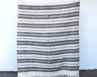 Guatemala Handwoven Wool Throw Natural Ecru Gray Stripes Traditional Ethnic Wall Boho Decor