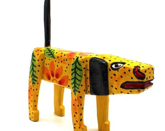 Hand-carved Guatemalan Yellow Dog Folk Art Figure - Traditional Wooden Sculpture - Unique Home Decor