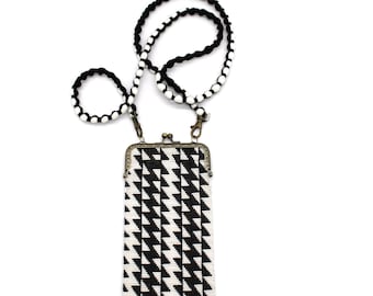 Handmade Glass Bead Cell Phone Crossbody Bag - Black White Geometric Guatemalan Artisan Purse