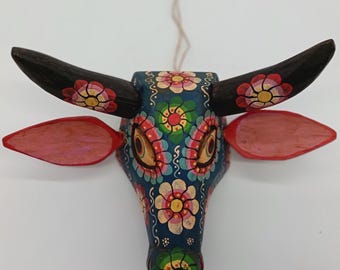 Hand Carved Blue Bull Mask: Guatemalan Mayan Dance Wall Decor