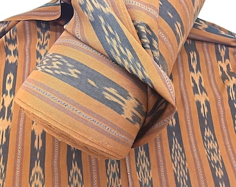Guatemalan Handwoven Brown Blue Ikat Fabric by Yard - Traditional Motif Textile Cotton Material