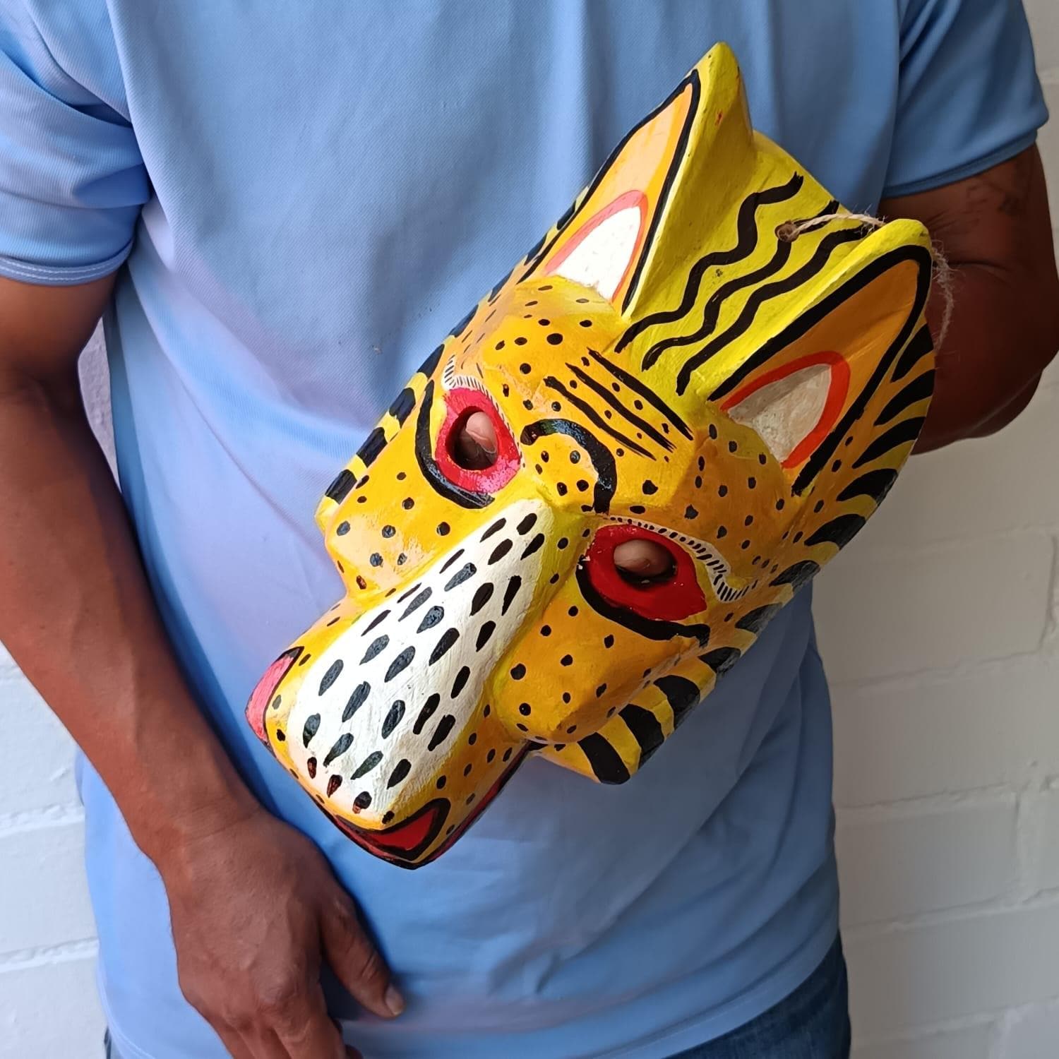 Vibrant Guatemalan Jaguar Mask Hand-painted Wooden Folk Art Ritual