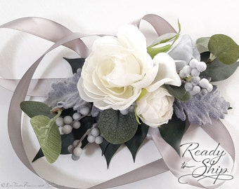 NEW Ready to Ship! Snowfall Collection Corsage White and Cool Gray Silk Flowers, Artificial Greens (SkU: SF)