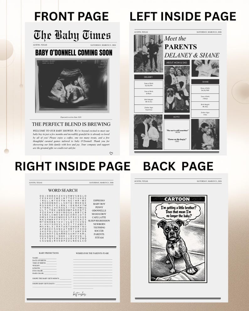 Puede incluir: Un anuncio estilo peri&oacute;dico con el titular "The Baby Times" y "Baby O'Donnell Coming Soon." La portada incluye una imagen de ultrasonido. Otras p&aacute;ginas presentan fotos familiares, una sopa de letras y una caricatura.