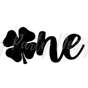May include: Black and white silhouette of a four-leaf clover and the word "one" in a cursive font.