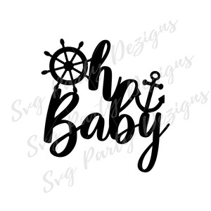 Pode incluir: Design gráfico preto e branco com o texto "Oh Baby" e uma âncora e um volante náuticos.