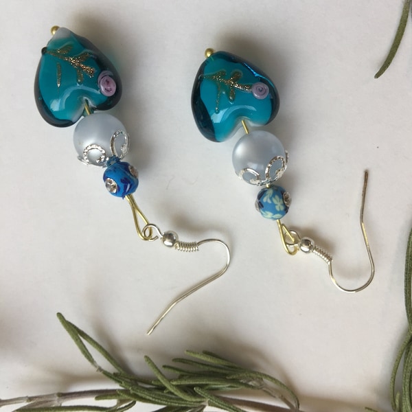 Dangle Earrings Blue Heart Glass Bead and Pearl Bead