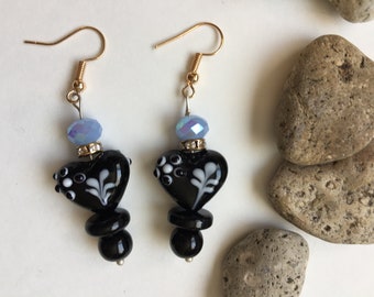 Dangle Earrings Black Heart With Beveled Lilac Glass Beads