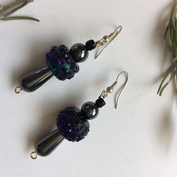 Dangle Earrings Malachite and Sparkle Glass Beads
