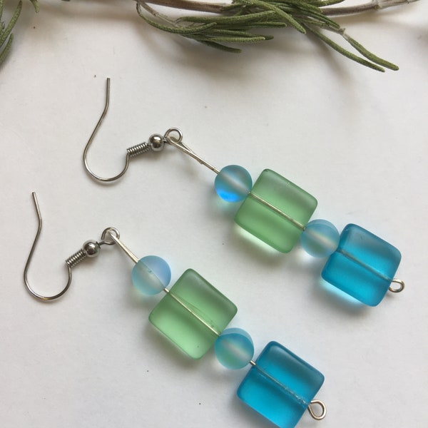 Dangle Earrings Beach Glass Beads Ocean Colors