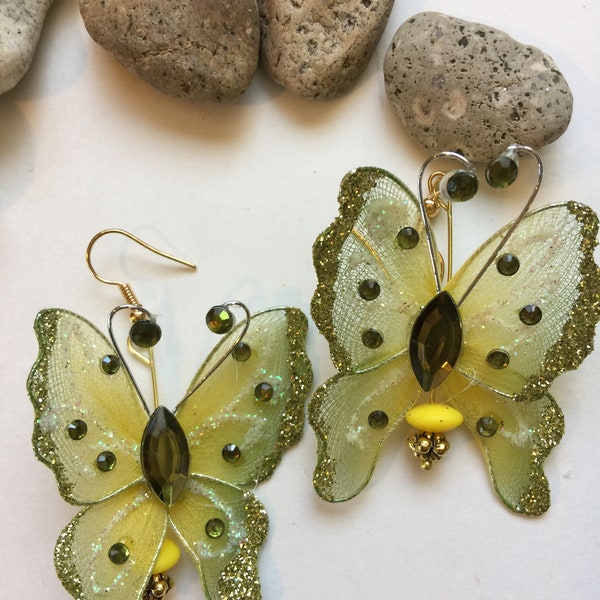 Dangle Earrings Green Sparkly  Butterflies