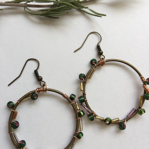 Dangle Earrings Beaded Wrapped Hoops