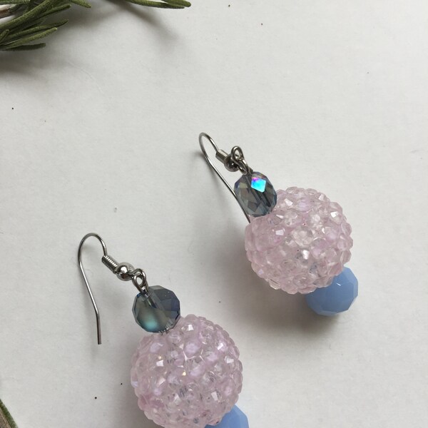 Dangle Earrings Pink Sparkly Glass Bead With Faceted Blue Accent Bead