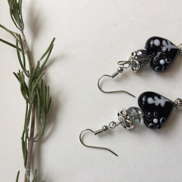 Dangle Earrings Black Glass Heart Bead With Silver Accent Beads