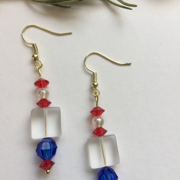 Dangle Earrings Red White and Blue Beach Glass Bead and Blue Faceted