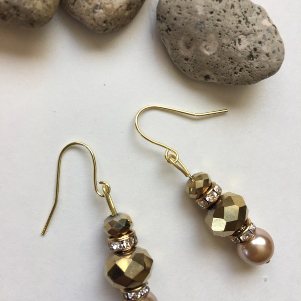 Dangle Earrings Gold Sparkly and Bronze Glass Faceted Beads