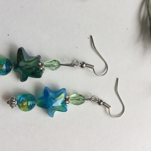 Dangle Earrings Blue Glass Star Beads