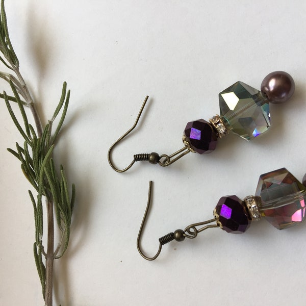 Dangle Earrings Faceted Glass Bead and Purple Faceted Bead With Brown Pearl