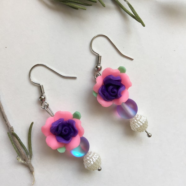 Dangle Earrings Flower Sparkle Glass Beads  Pink and Purple