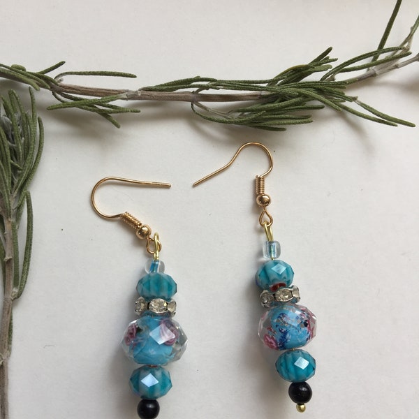 Dangle Earrings Unique Flower Blue Glass Beads