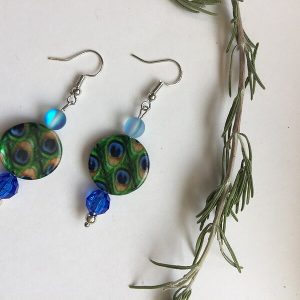 Dangle Earrings Peacock and Sparkle Beads