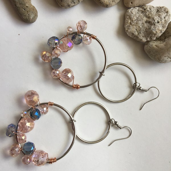 Dangle Earrings Double Hoop Wrapped With Sparkly Beads Pink and Blue
