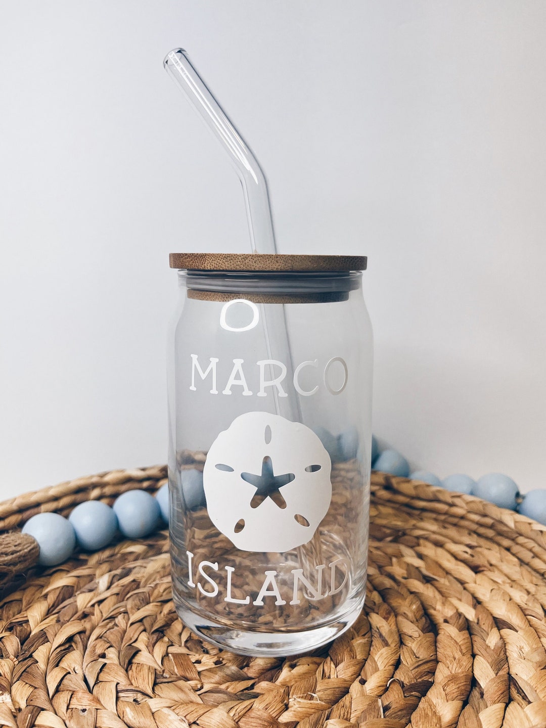 Marco Island Bamboo Lid Glass, Marco Island, Marco Island Gift, Florida Souvenir, Sand Dollar