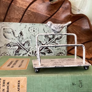 porta-cartão de visita estilo pássaro surrado estilo francês country, metal desgastado e lascado, reciclado