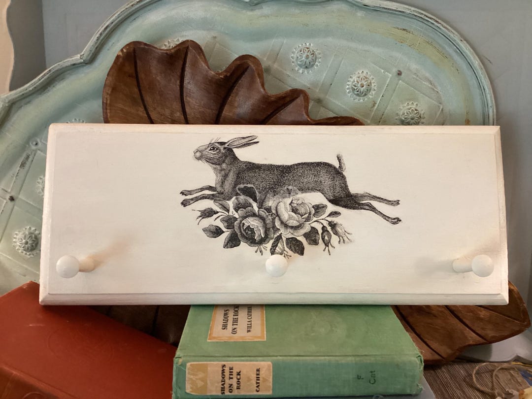 Coat Hook 3 Peg Rabbit Bunny Flowers White Black Rabbit Wood up Cycled ...