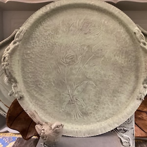 Hammered Tin tray floral pattern shabby mint chip color distressed chippy Shabby 15 3/4” diameter with handles upcycled