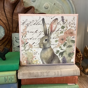May include: Square artwork featuring a rabbit with long ears, surrounded by flowers and script. The artwork has a pink border and is displayed on a stack of vintage books. The color palette includes soft pinks, greens, and browns.