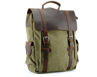 Medium Canvas Backpack with Smooth one-piece Leather Flap