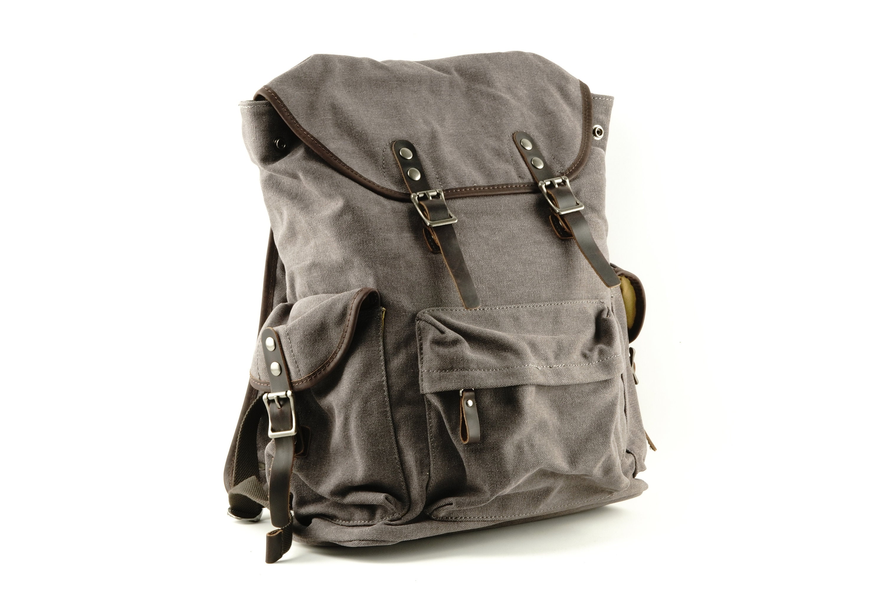 Large Canvas Backpack With Canvas Flap and Leather Trim