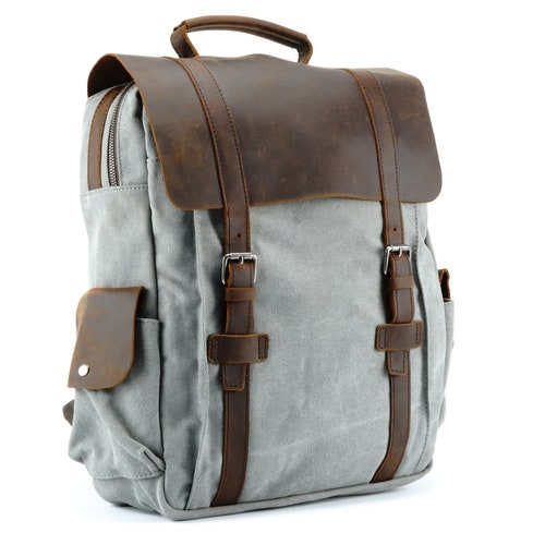 Large Canvas Backpack With Smooth Onepiece Dark Leather Flap Etsy