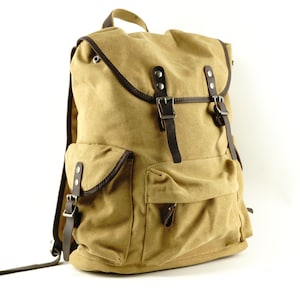 Large Canvas Backpack with Canvas Flap and Leather Trim, Multiple interior Pockets, Fits 18 inch Laptop