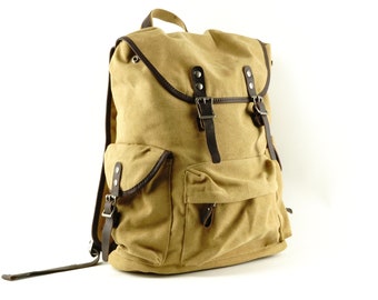 Large Canvas Backpack with Canvas Flap and Leather Trim, Multiple interior Pockets, Fits 18 inch Laptop