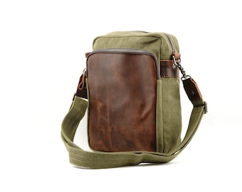 Medium Canvas Crossbody Bag with Leather Panel, 3 Compartments and 3 Inner Compartments