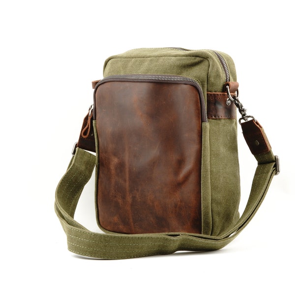 Medium Canvas Crossbody Bag with Leather Panel, 3 Compartments and 3 Inner Compartments