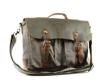 Canvas Messenger Bag with Dark One-Piece Leather Flap and Laptop Sleeve, Briefcase Style