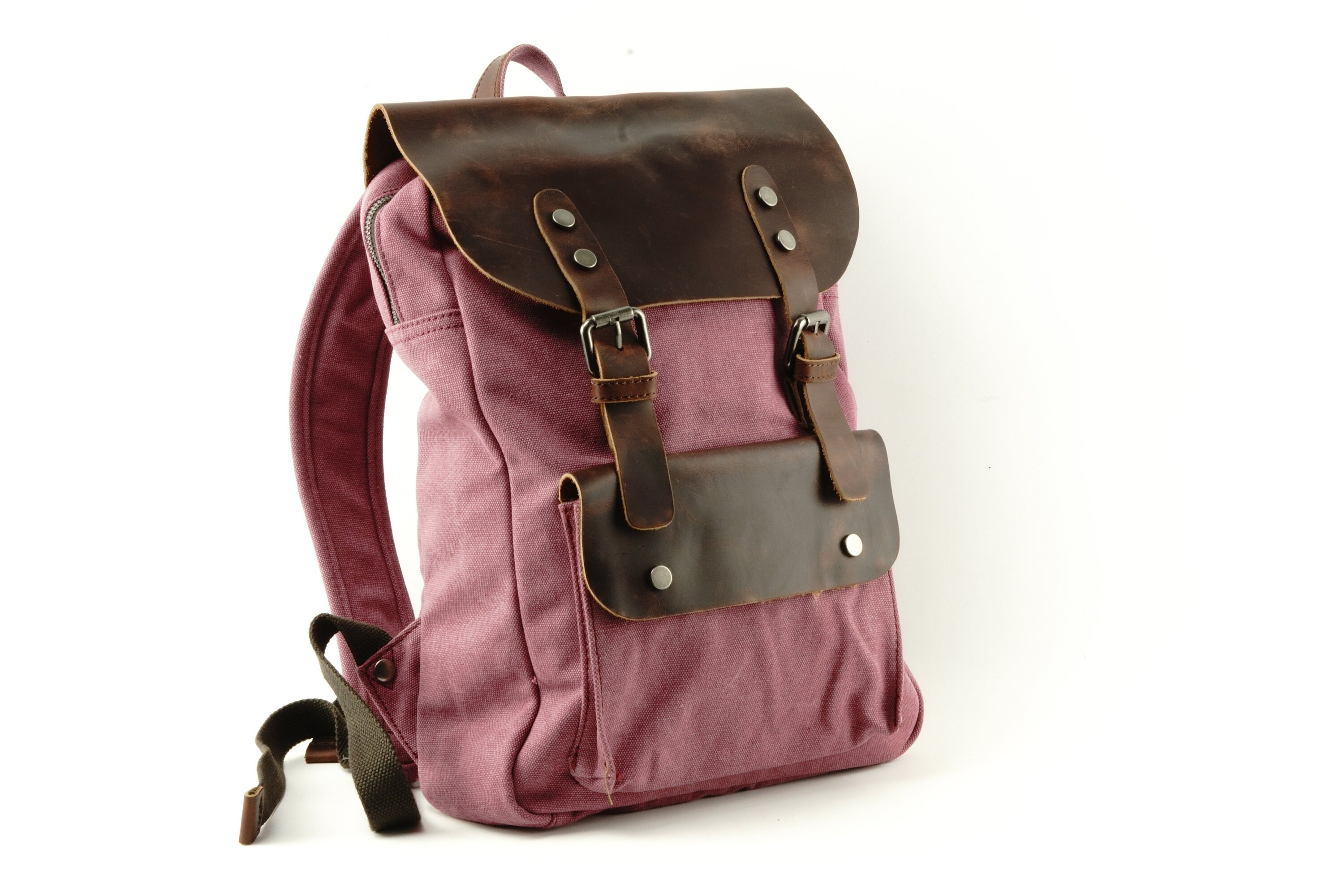 Small Canvas Leather Backpack With Two Exterior Pockets - Etsy